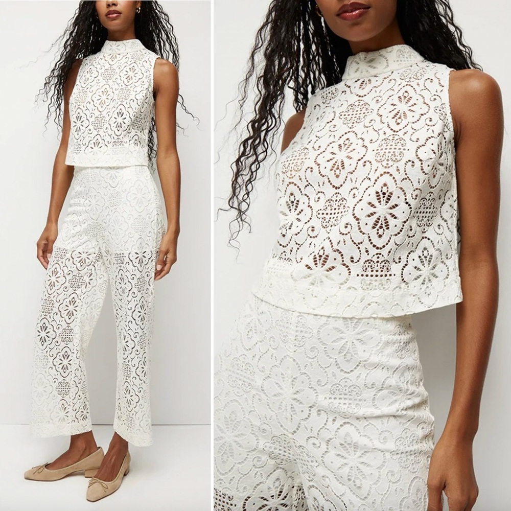 Veronica Beard White Lace Sleeveless Mock Neck Top and Pants